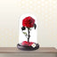 Single Red Forever Rose preserved in a clear glass cloche with a black wooden base and fallen red petals at the bottom.