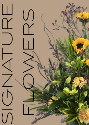 Bouquet of flowers with 'Signature Flowers' text on a beige background