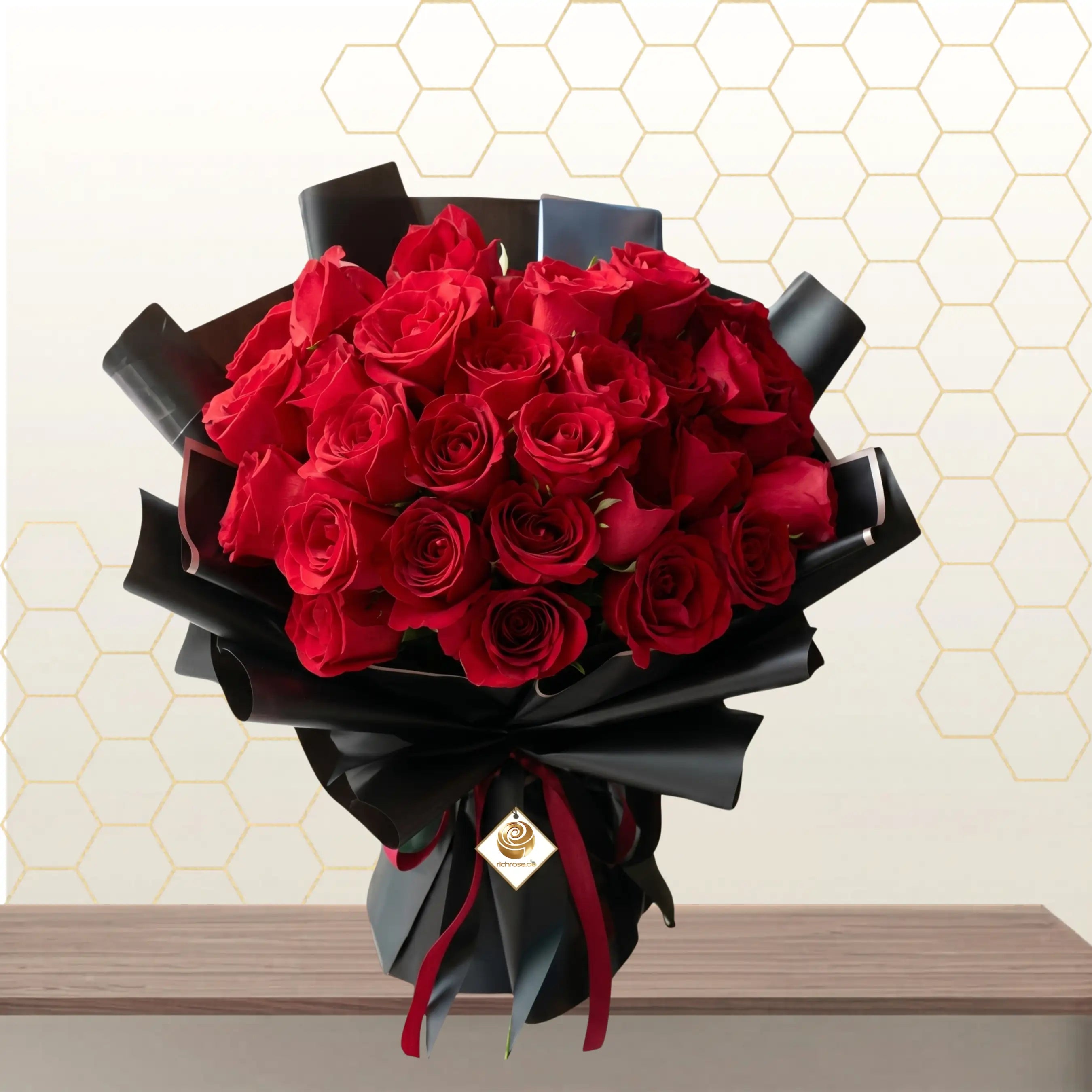 Valentine Snuggles - Red Roses Black Wrapped Bouquet Main image