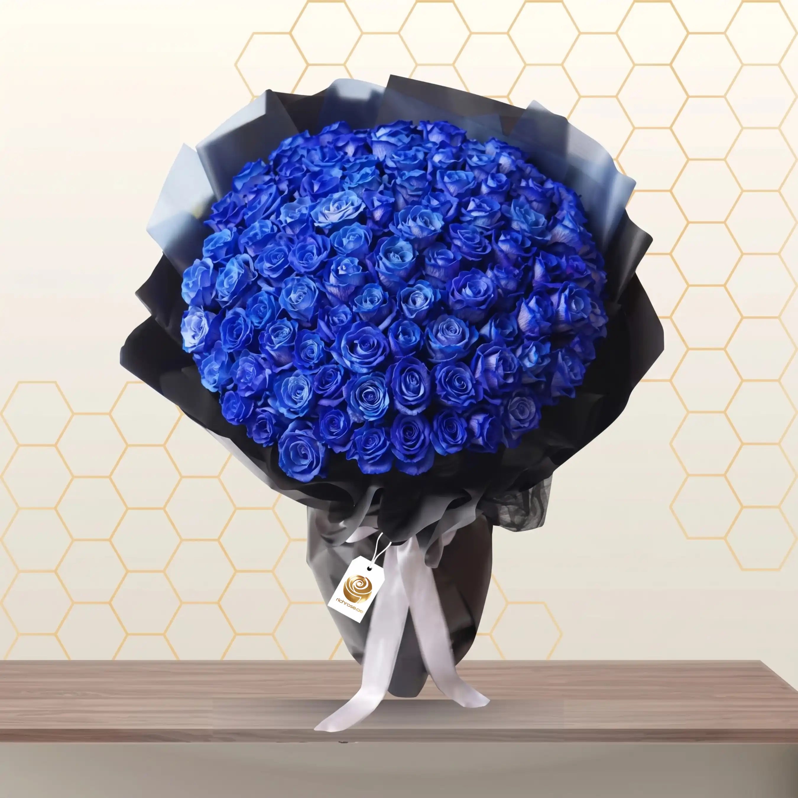 ARVID- BLUE PAINTED ROSES BOUQUET WITH BLACK WRAPPING Main image