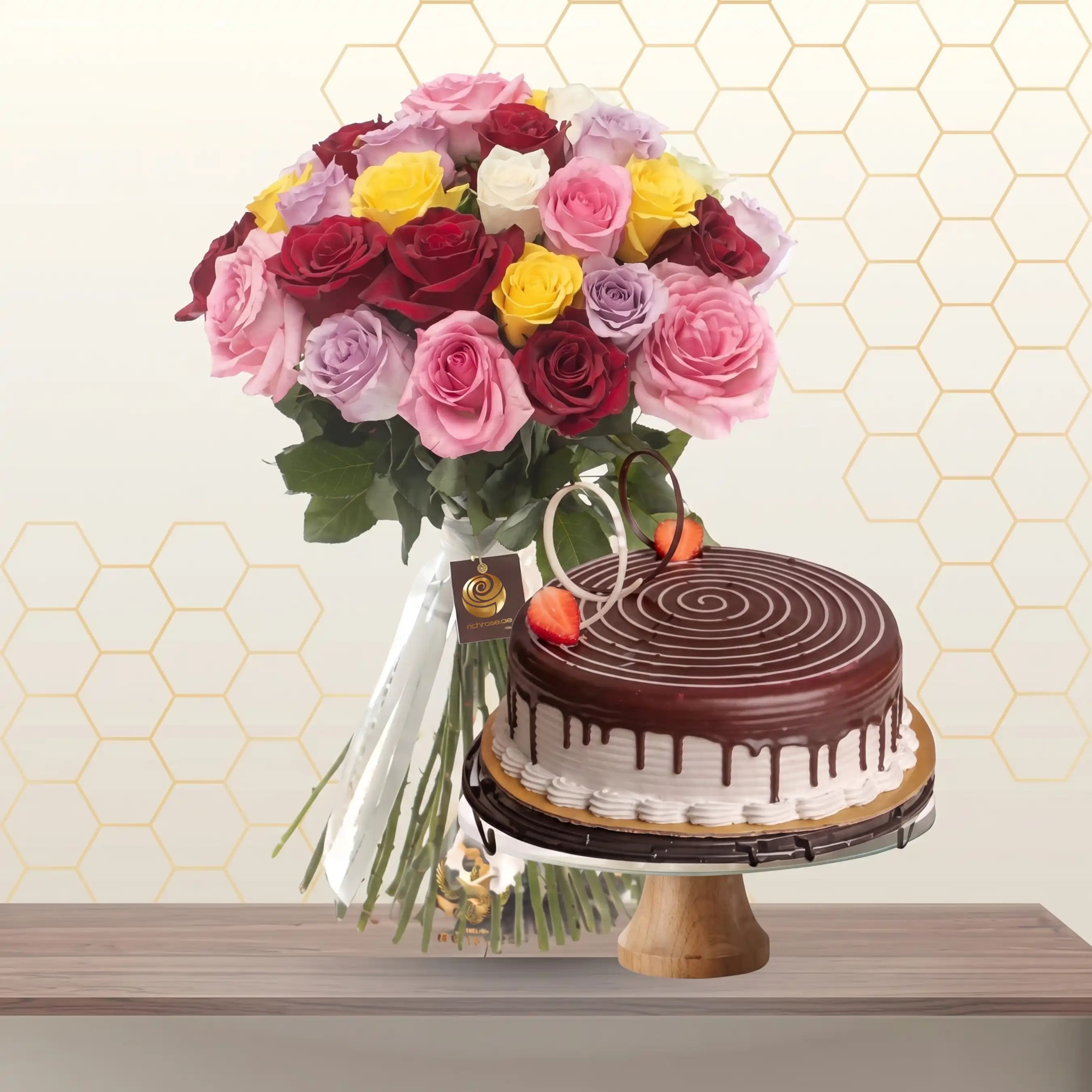 mixed roses and cake - flower and cake dubai Main image
