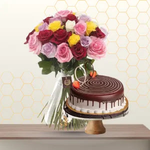 mixed roses and cake - flower and cake dubai