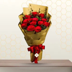red roses bouquet golden wrapping - valentine flower delivery Main image