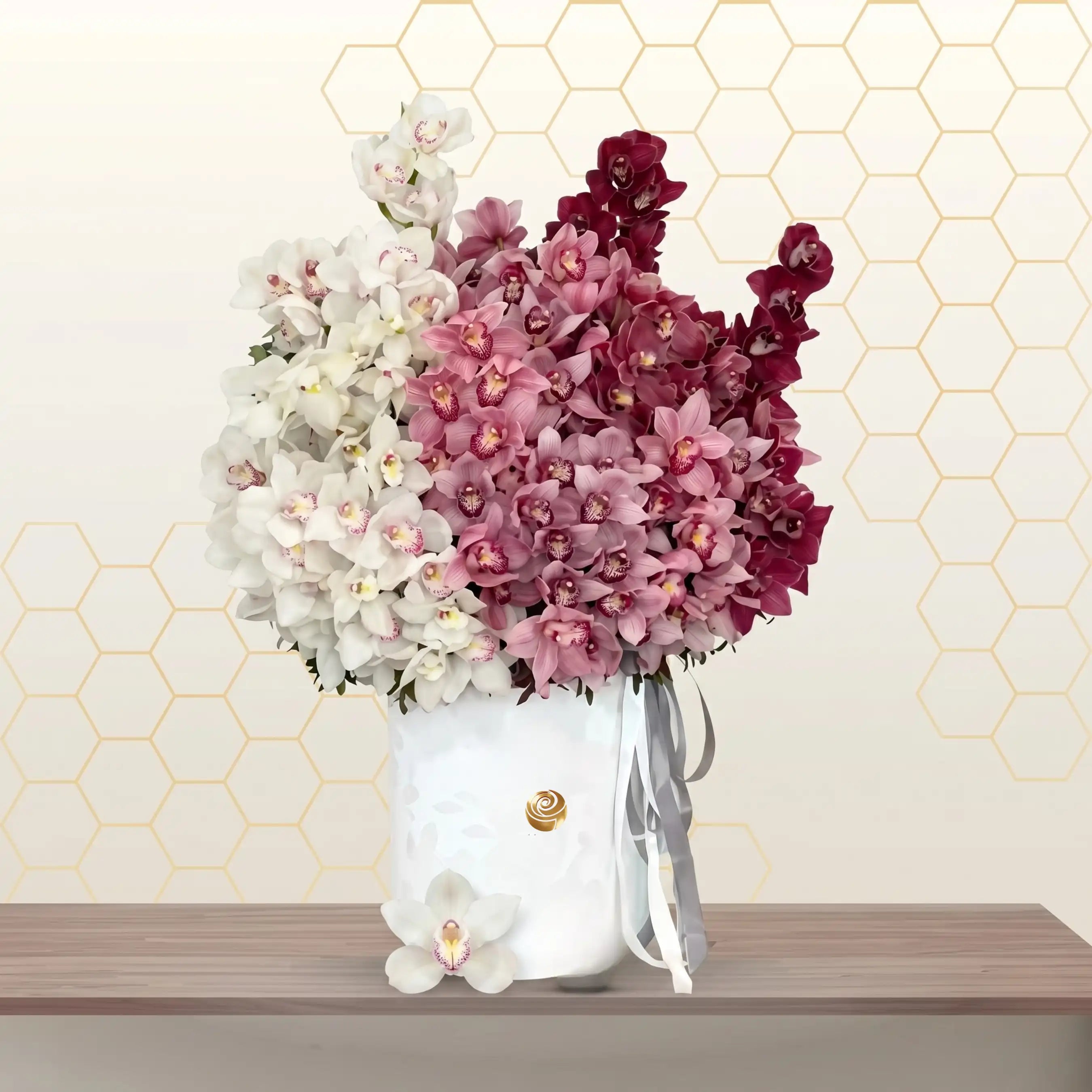 BEIRUT - Luxurious Tri-Color Orchid Arrangement in White Cylinder Vase Main image
