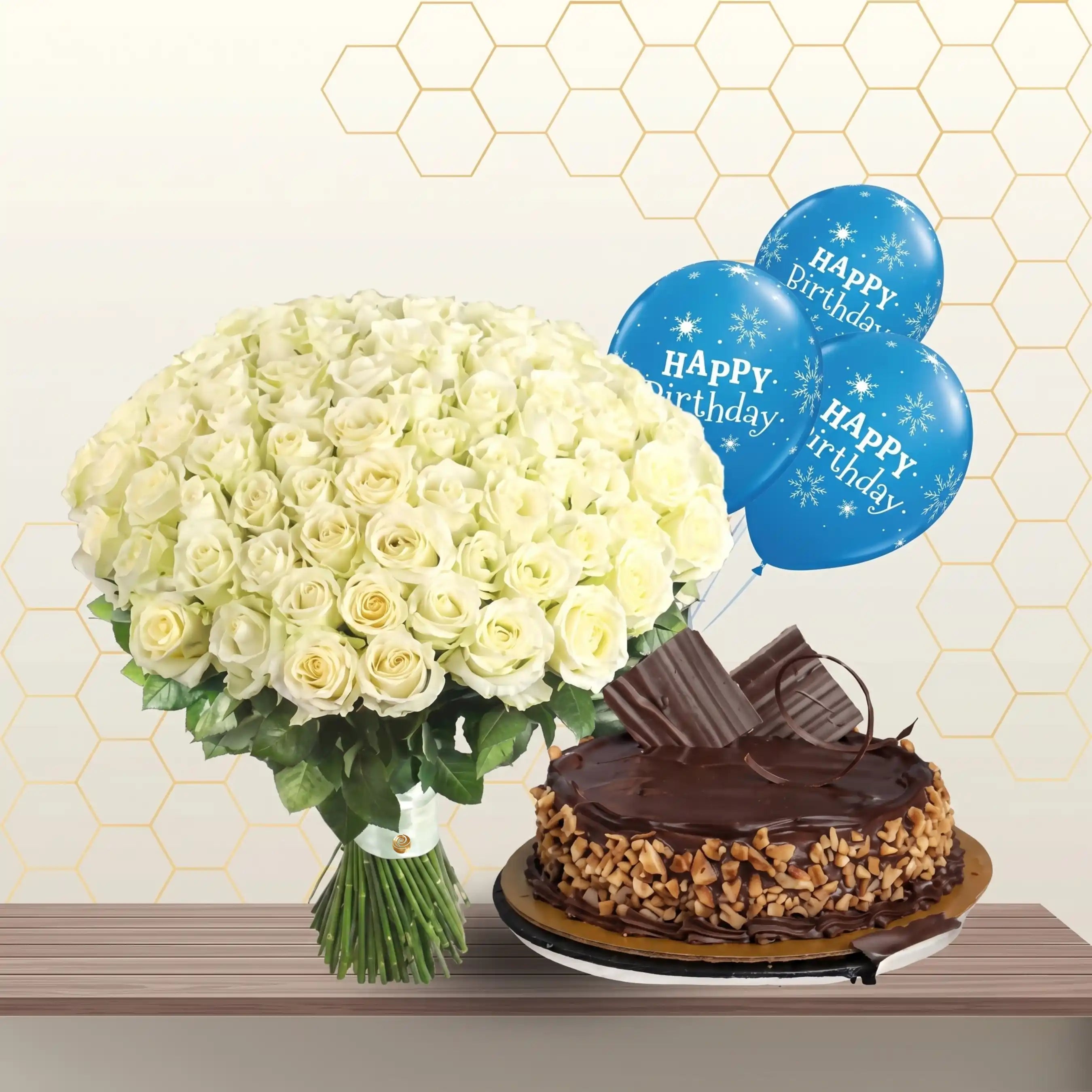 100 white roses and cake Main image