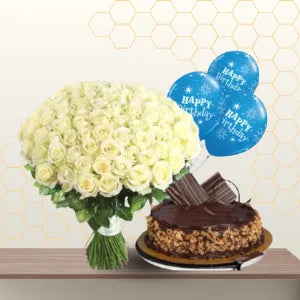 100 white roses and cake Main image