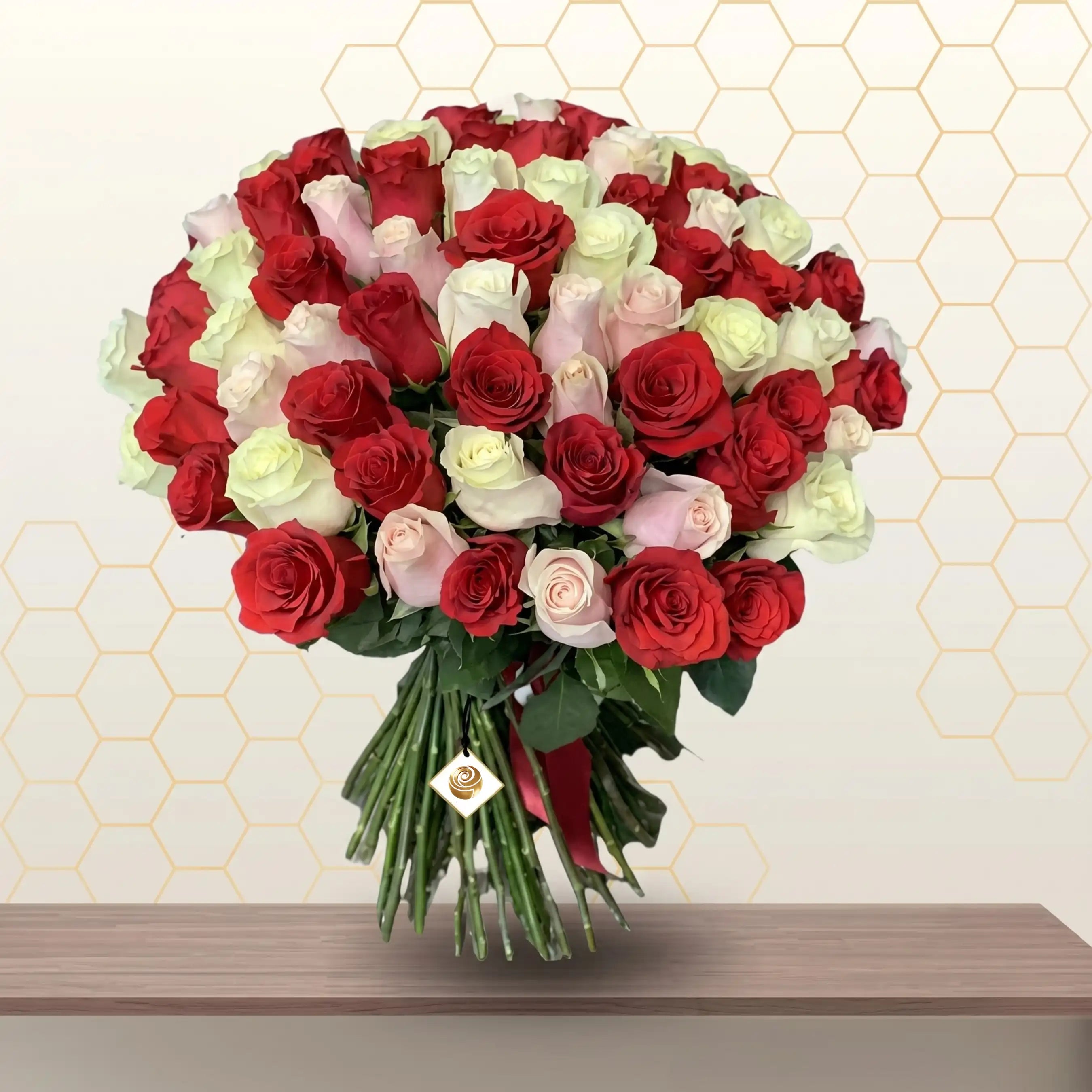 pink red and white roses bunch - hundred roses bunch Main image