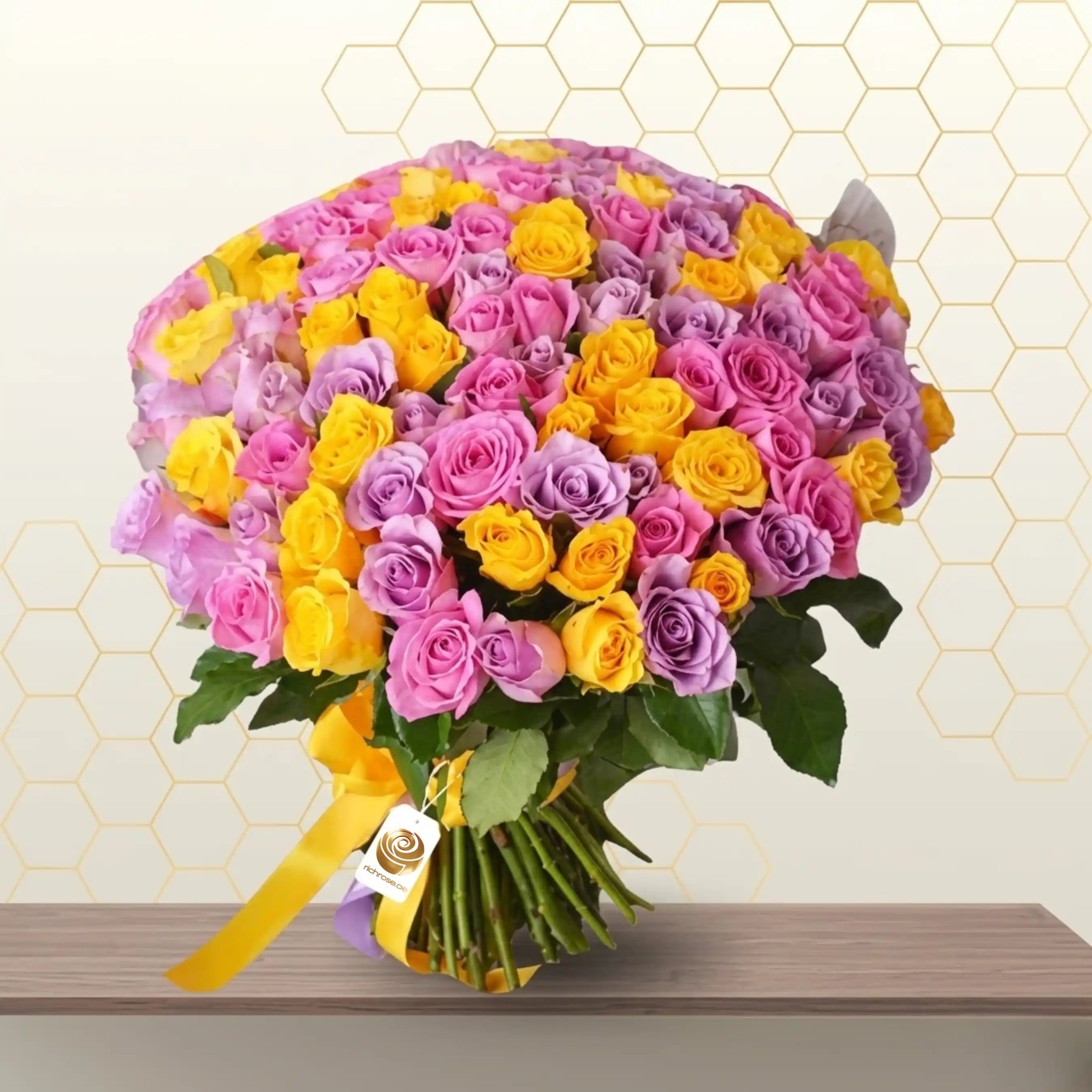 ELOISE - 100 MIX OF ROSES, YELLOW PURPLE AND PINK  JUST BUNCH