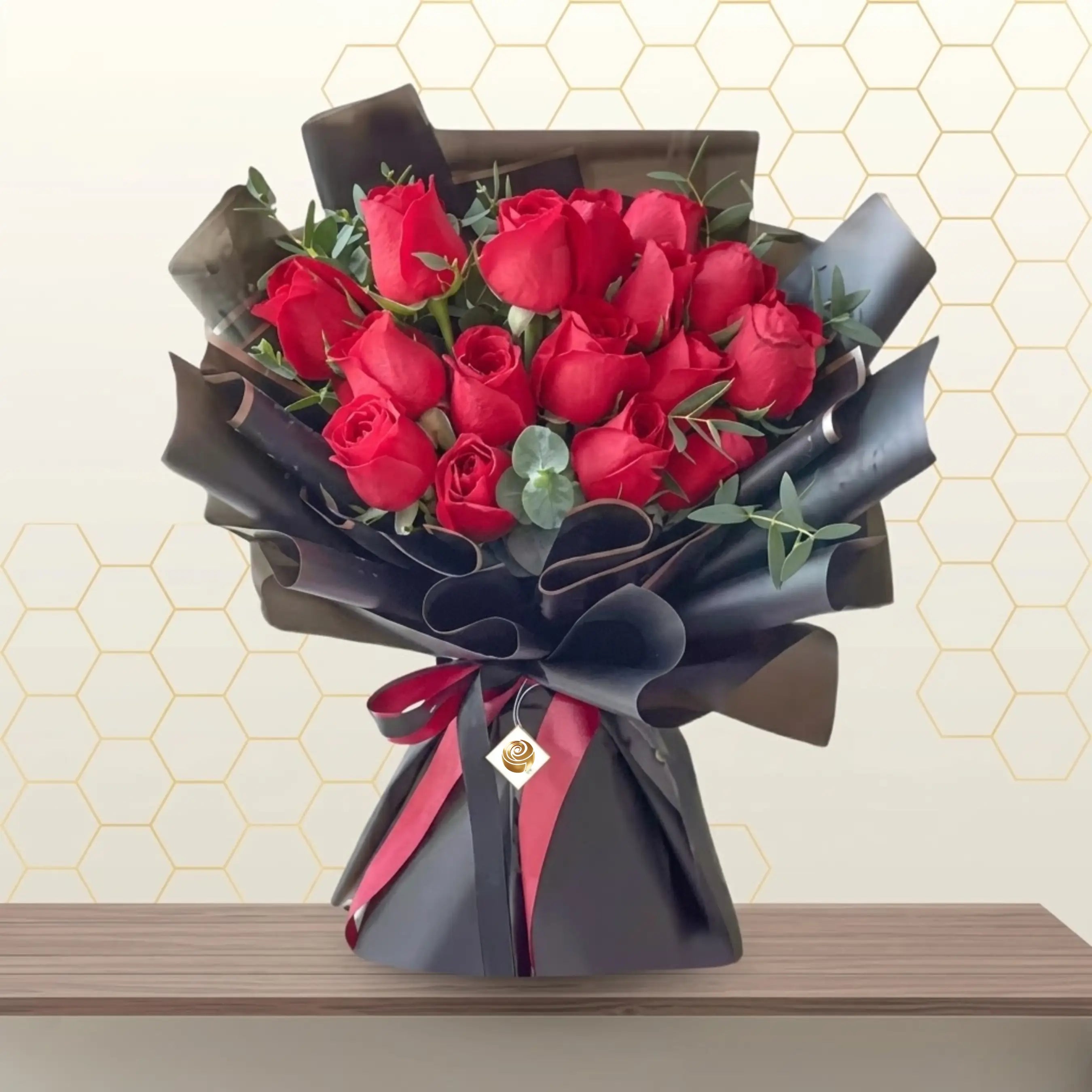 red roses bouquet in black wrapping Main image
