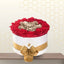 Foxy premium flower box featuring red roses surrounding a heart of metallic gold-painted roses in a white hatbox with a gold ribbon.