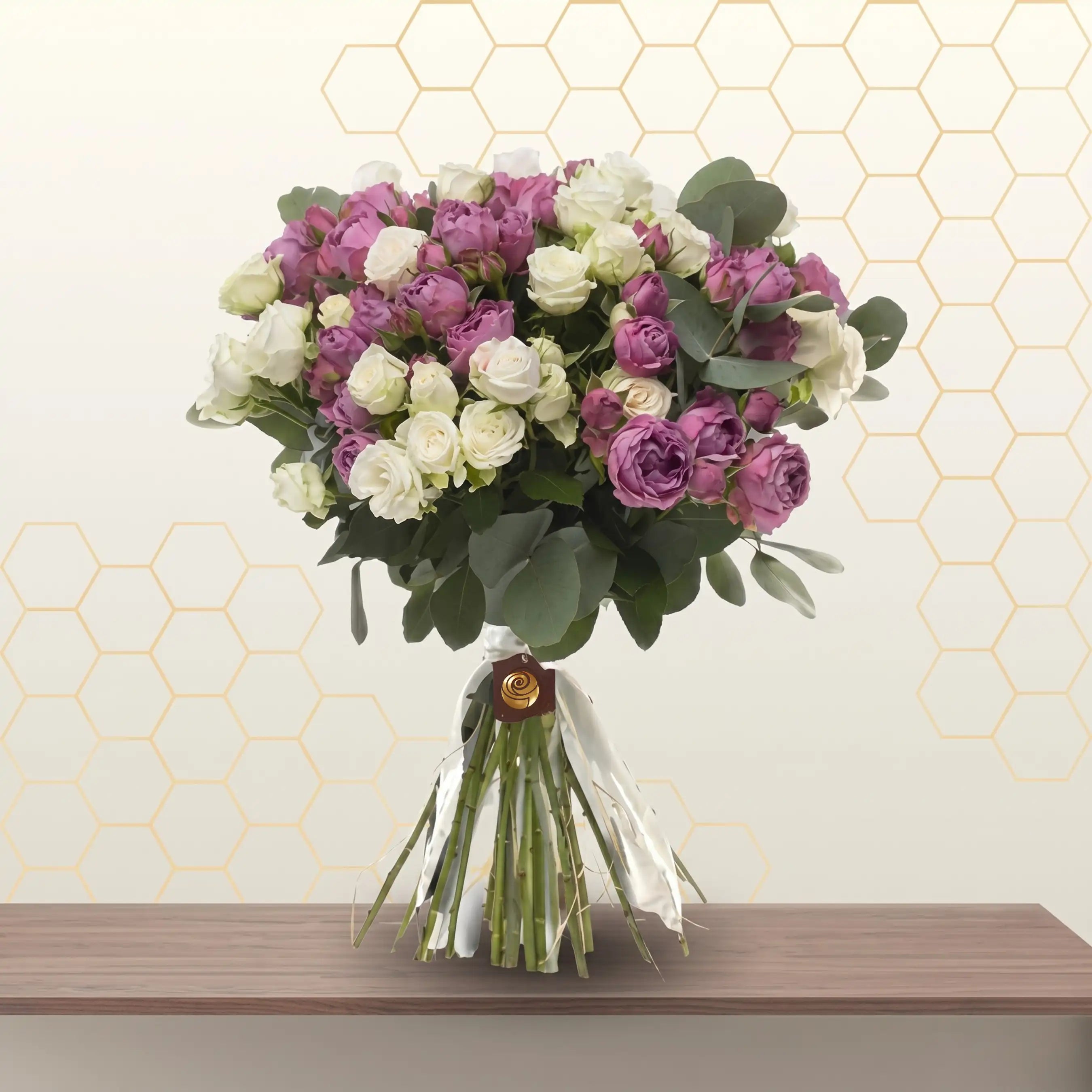 purple white baby roses bunch