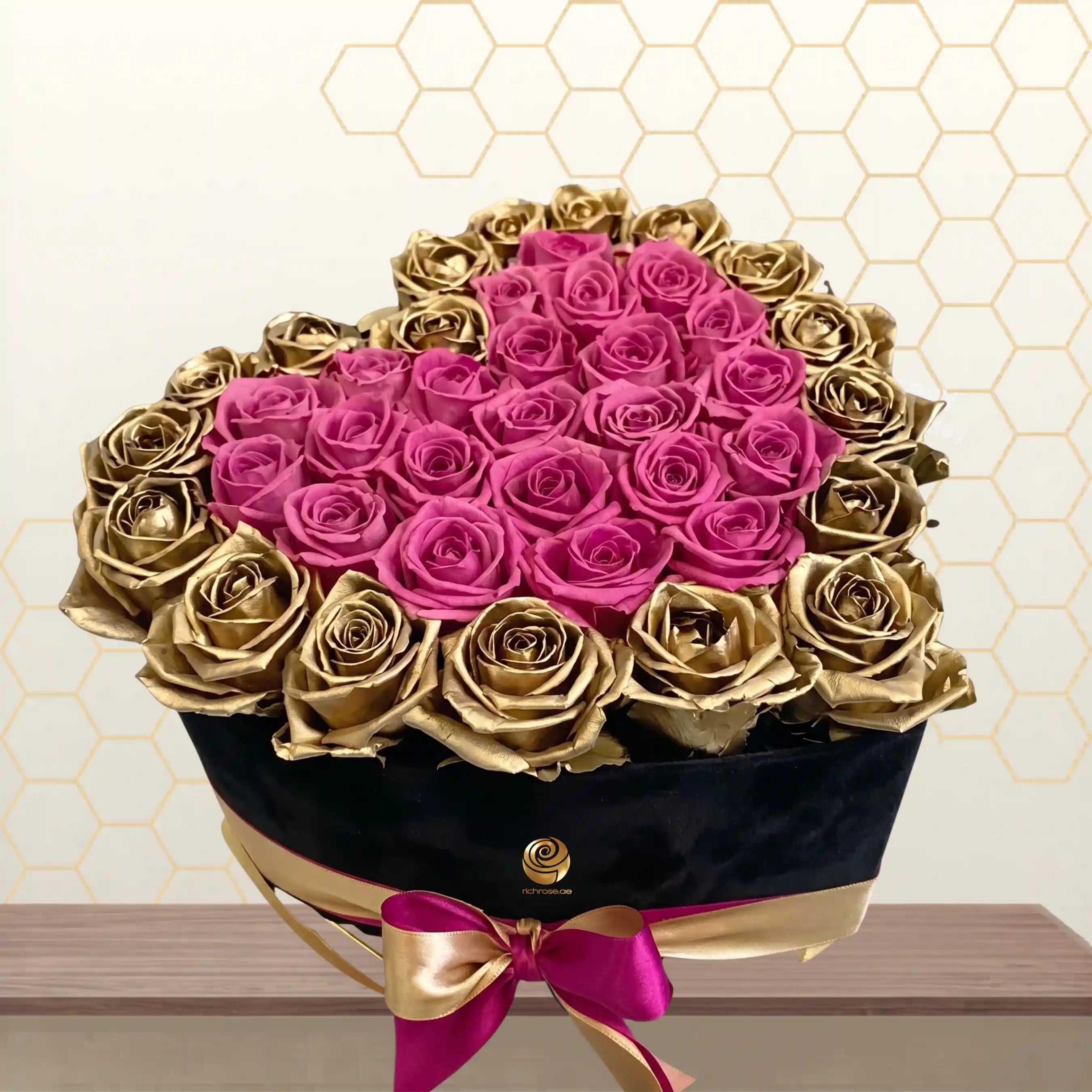 Golden Roses -  Pink and Golden Roses in Heart Box Main image