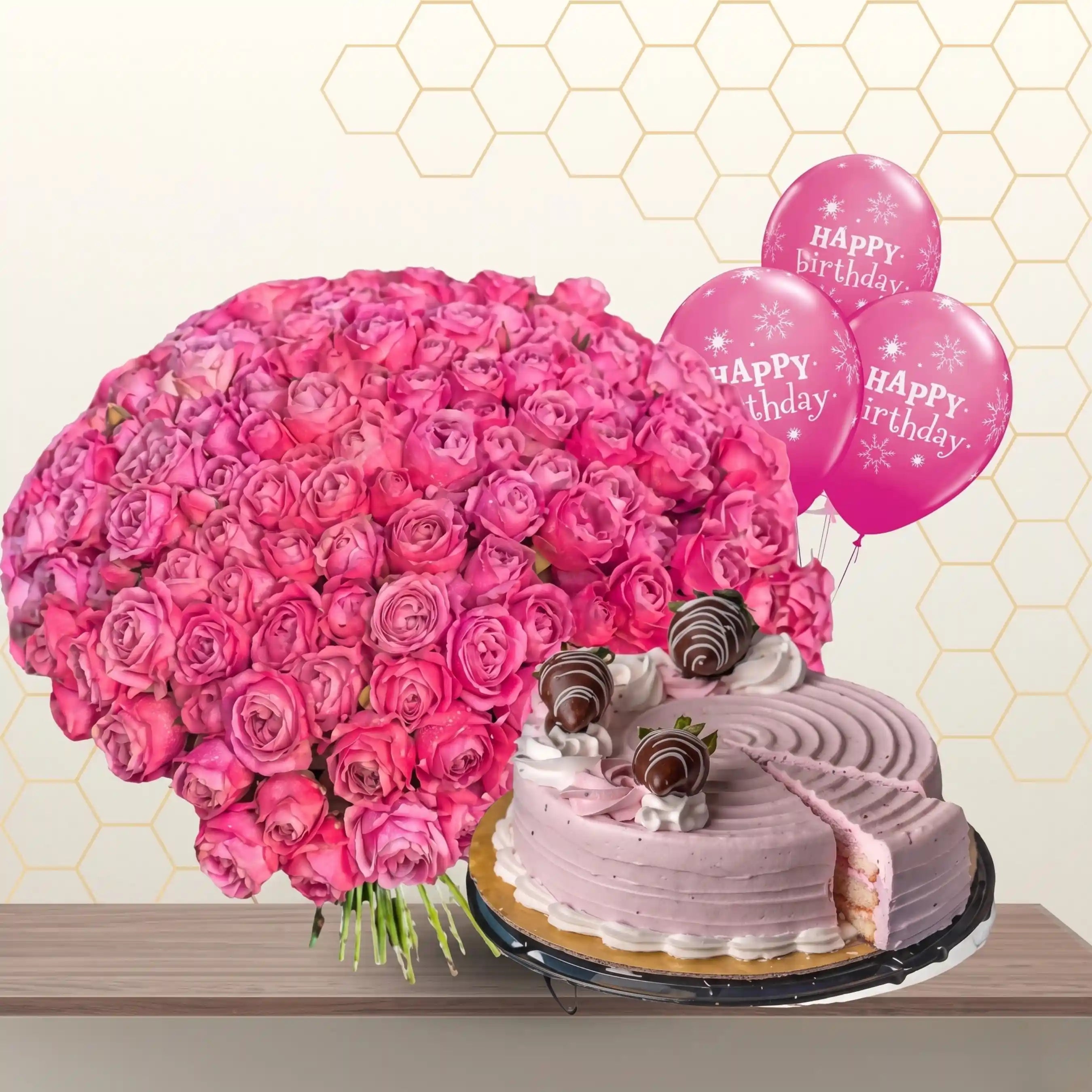 100 purple roses and cakes - cakes and balloons Main image