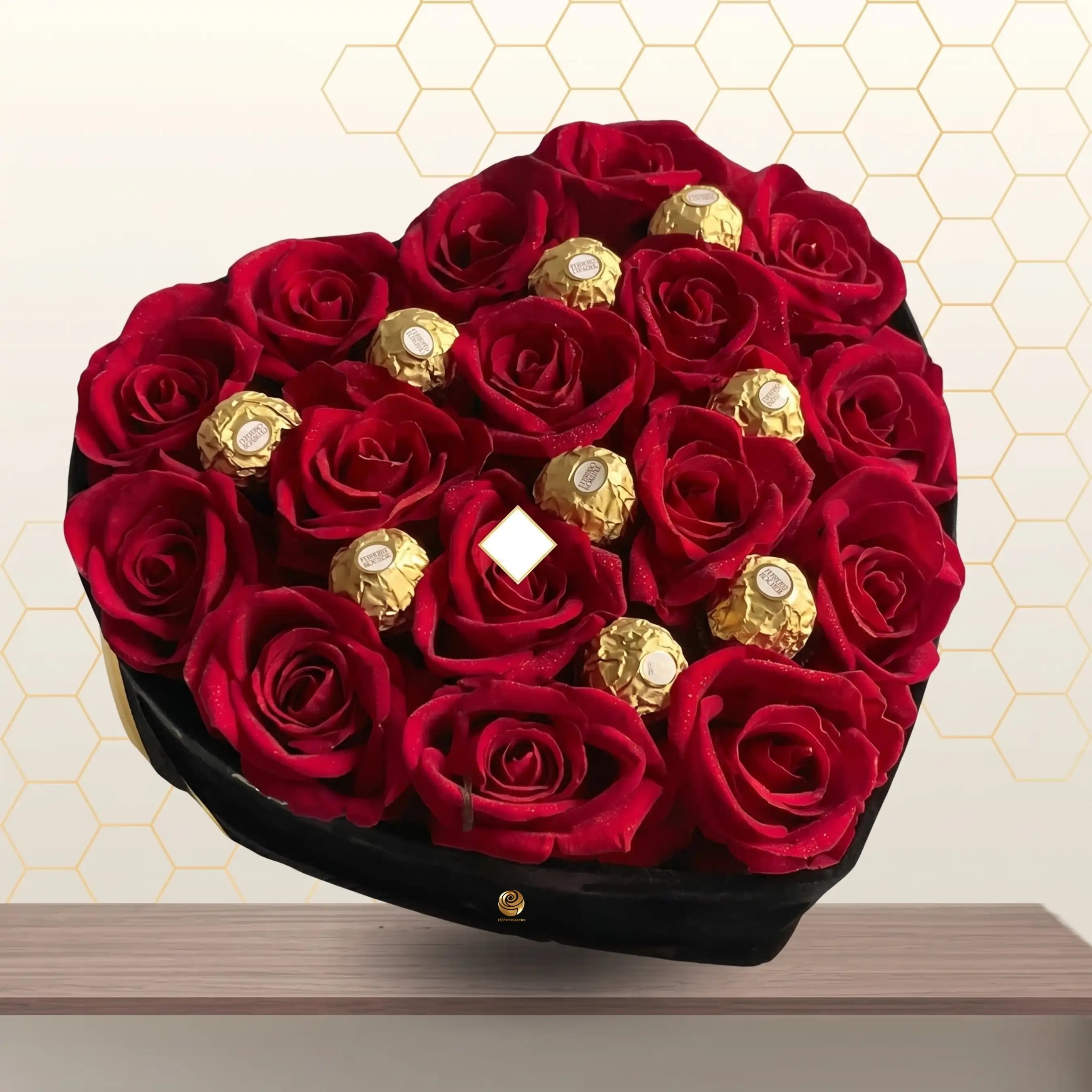 Honey Rose -  Red Roses and Rocher Ferroro in Heart Box Main image