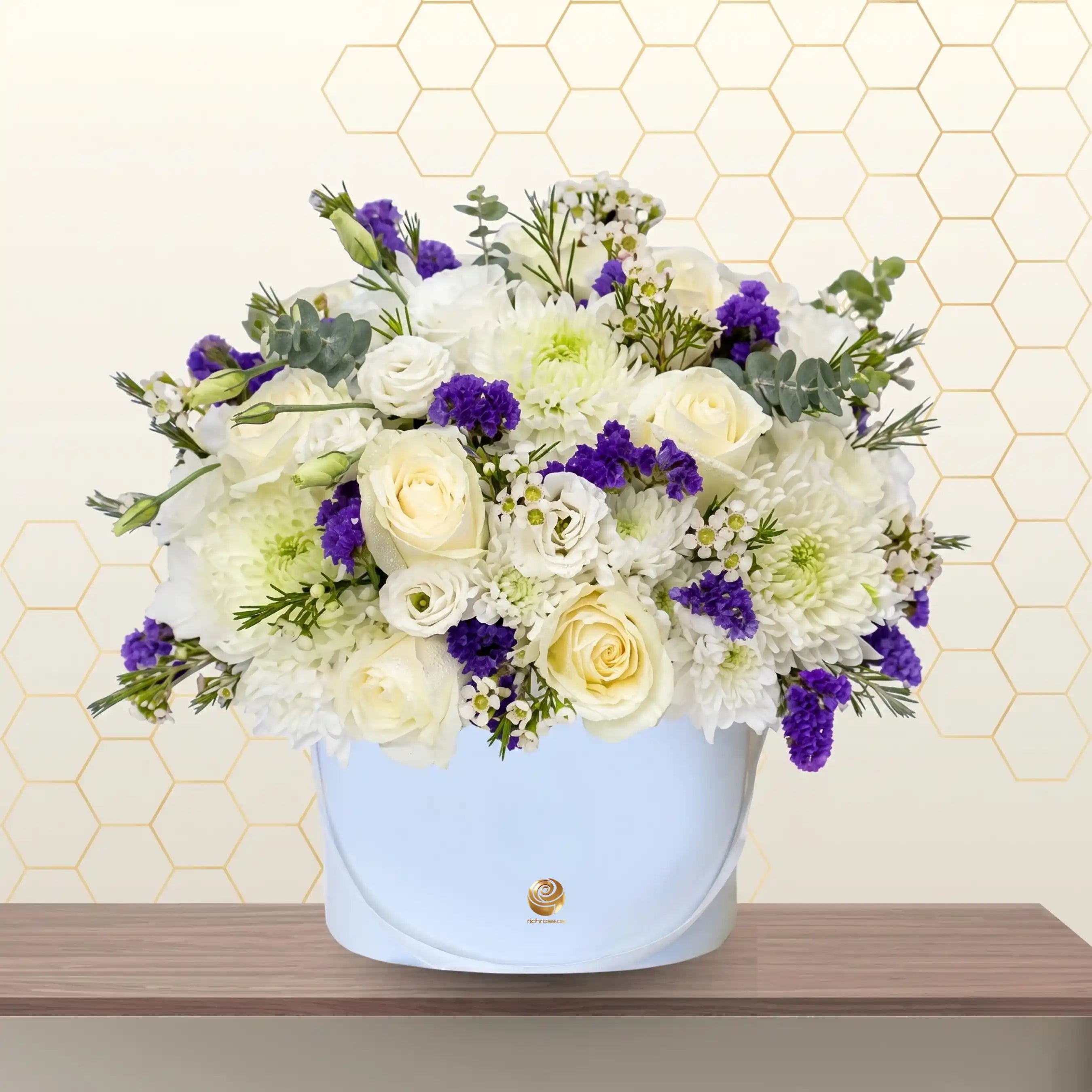 white roses and purple flowers box Main image