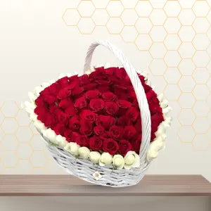Lucky Roses -  Red and White Roses Arranged Heart Shape in Basket Main image
