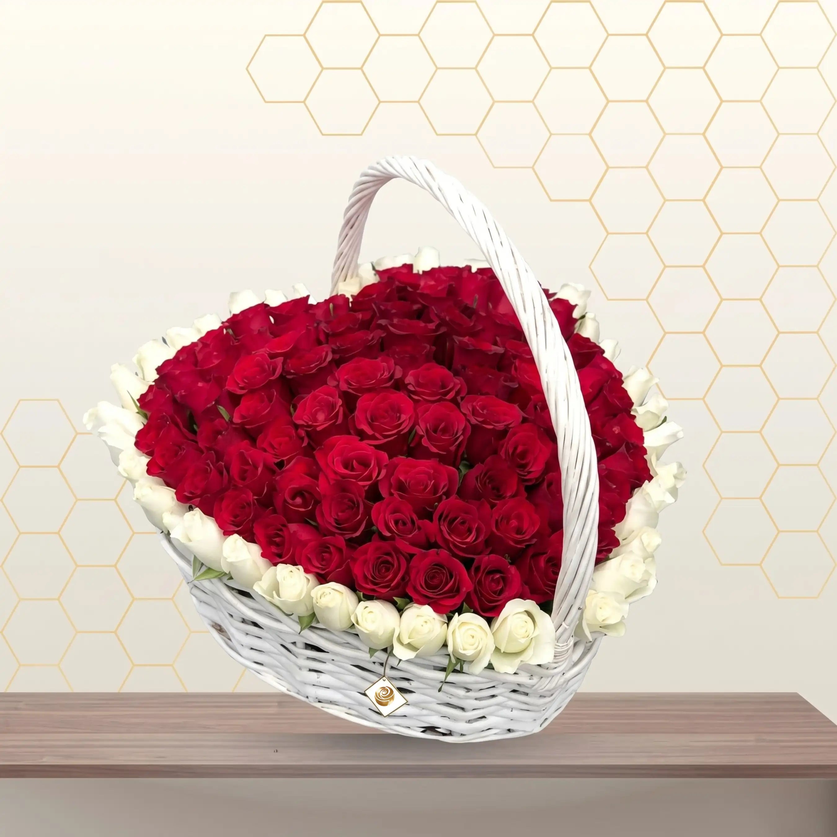 Lucky Roses -  Red and White Roses Arranged Heart Shape in Basket
