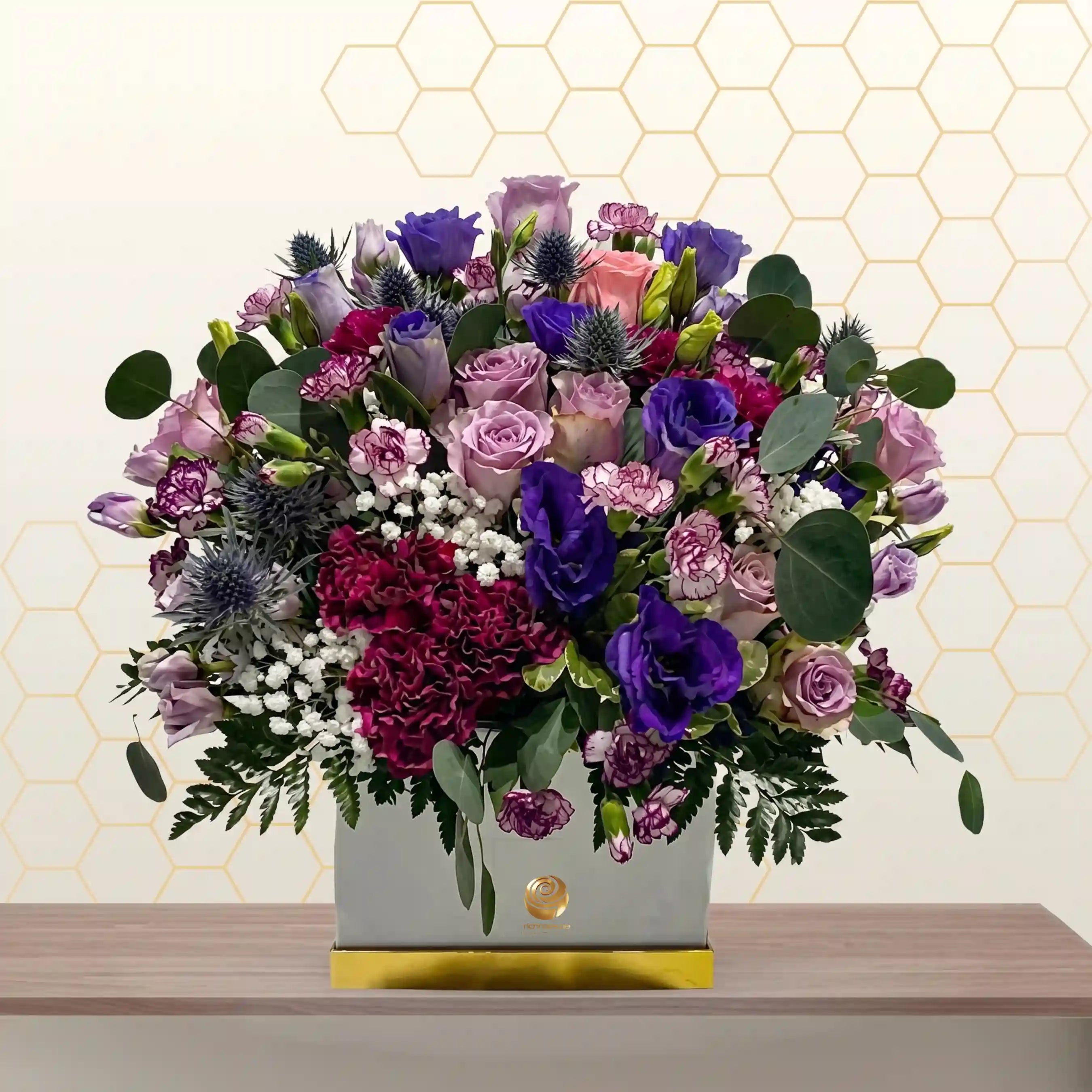 Mixed Purple Flowers in White Square Box Main image
