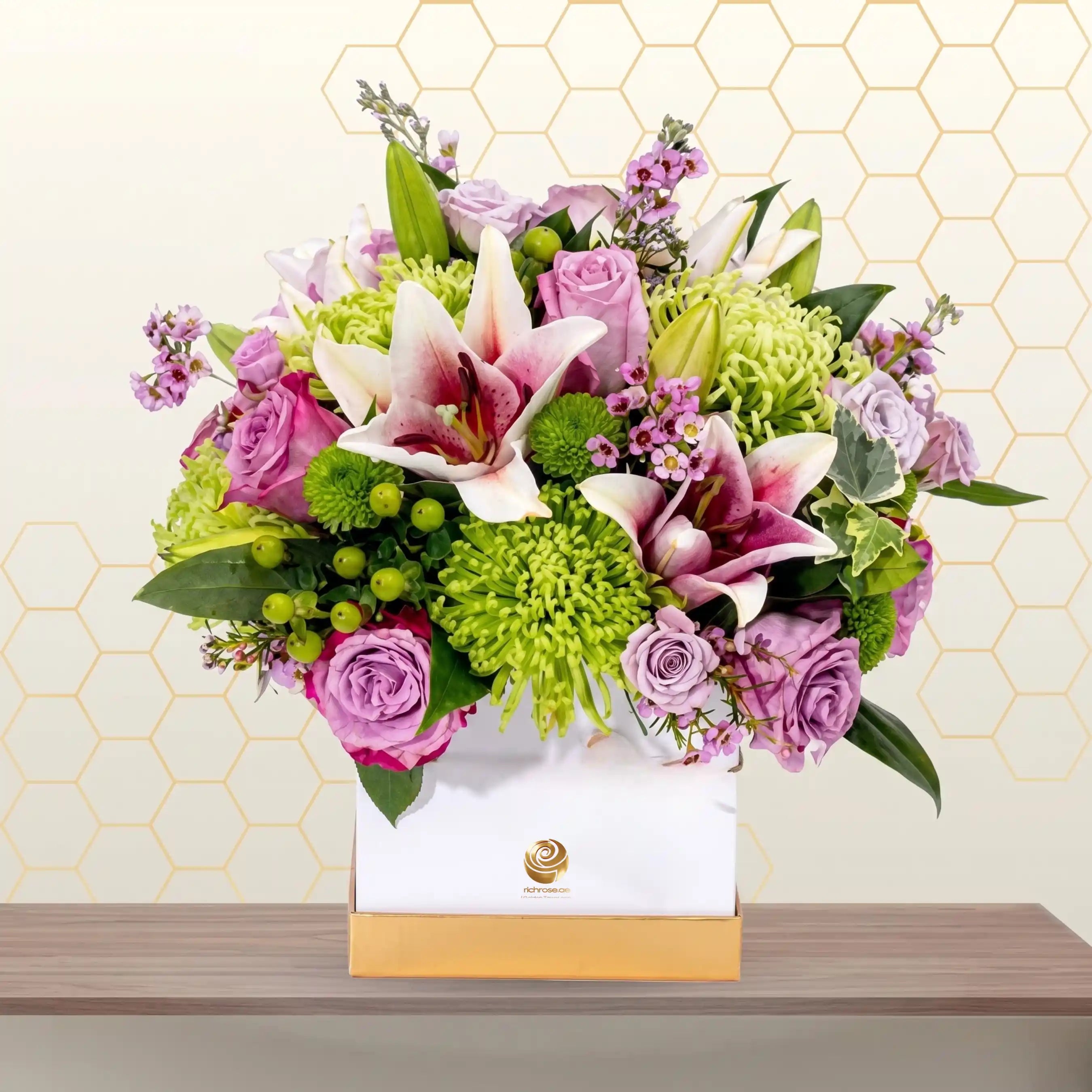 pink liliy and purple flower box - congratulations with flowers Main image