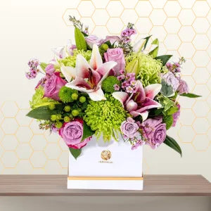 pink liliy and purple flower box - congratulations with flowers