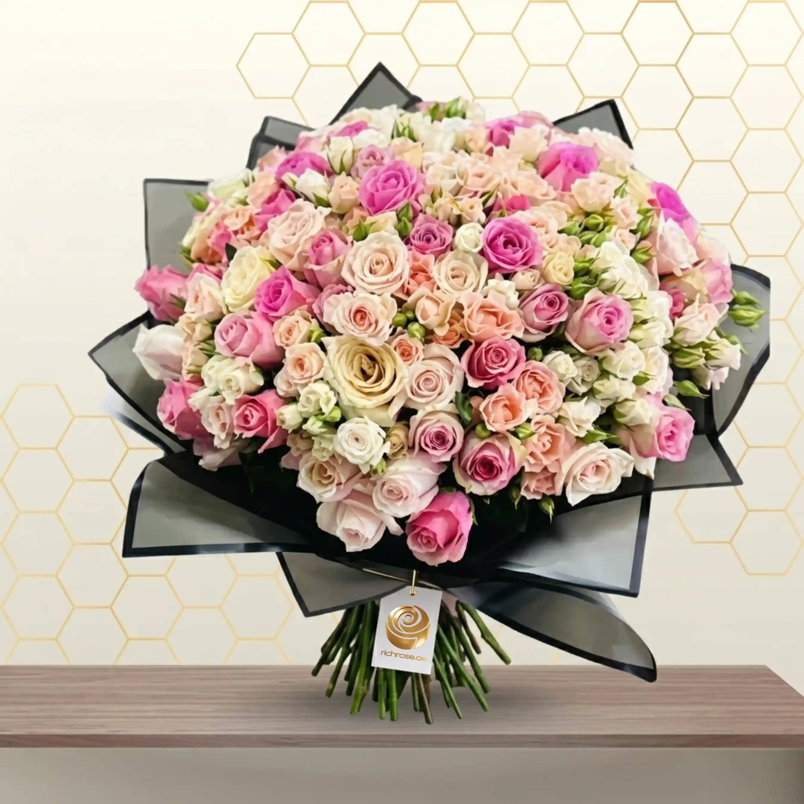 Peach Roses Black Wrapped Bouquet Main image
