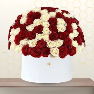 red and white roses in box - anniversary same day flower delivery Main image