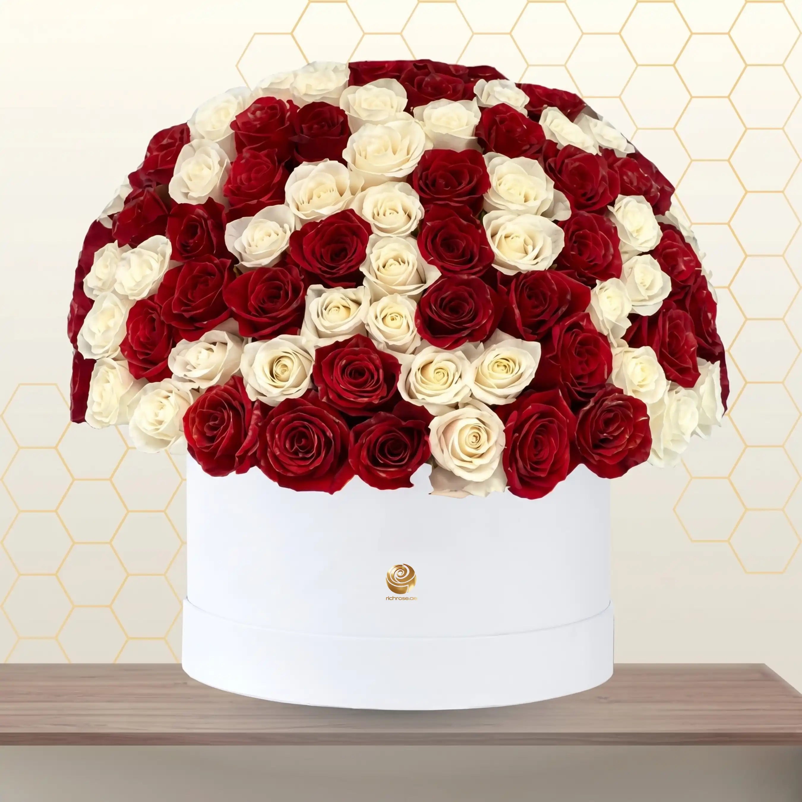 red and white roses in box - anniversary same day flower delivery
