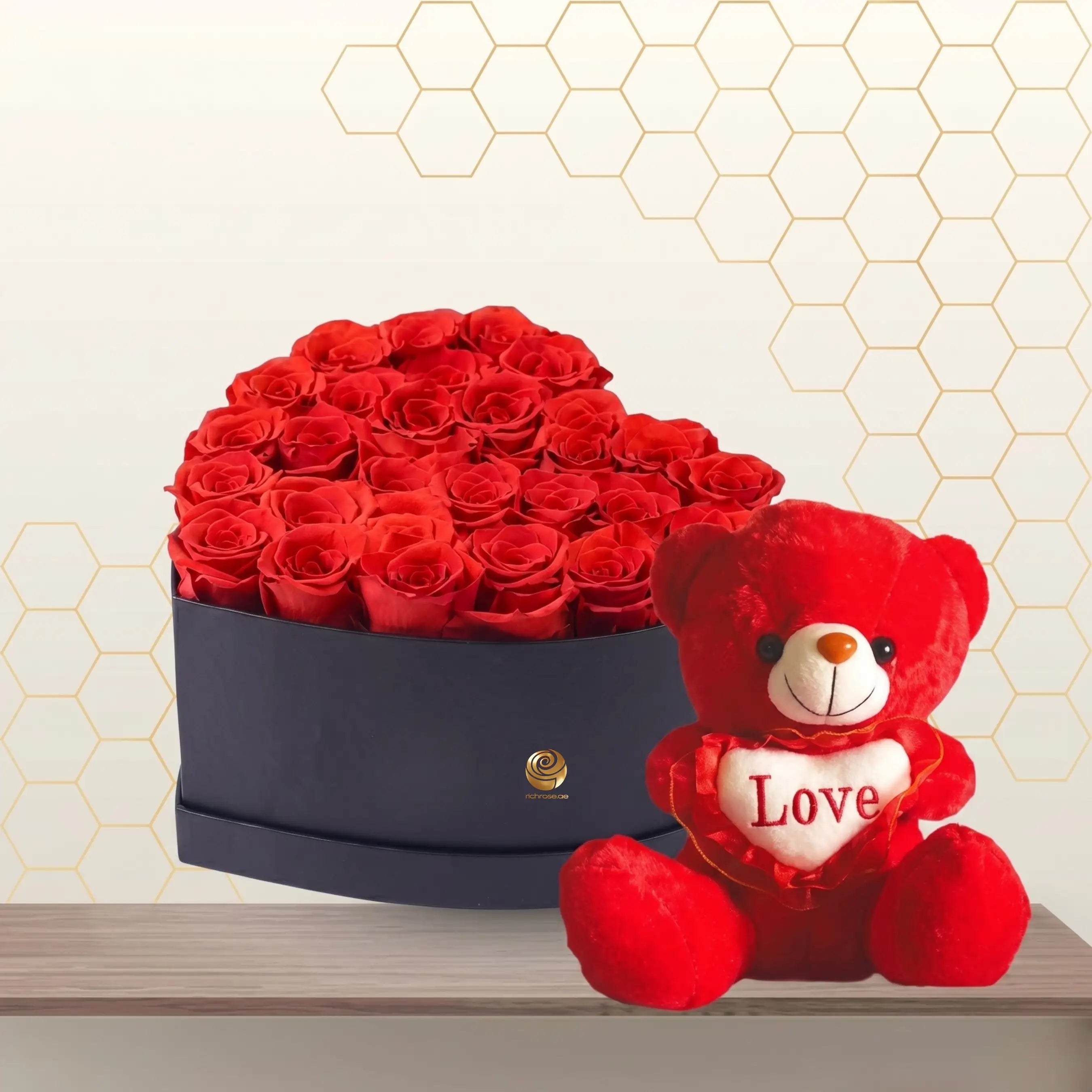 Red Roses Heart Box with Red Teddy Main image