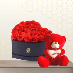 Red Roses Heart Box with Red Teddy Main image
