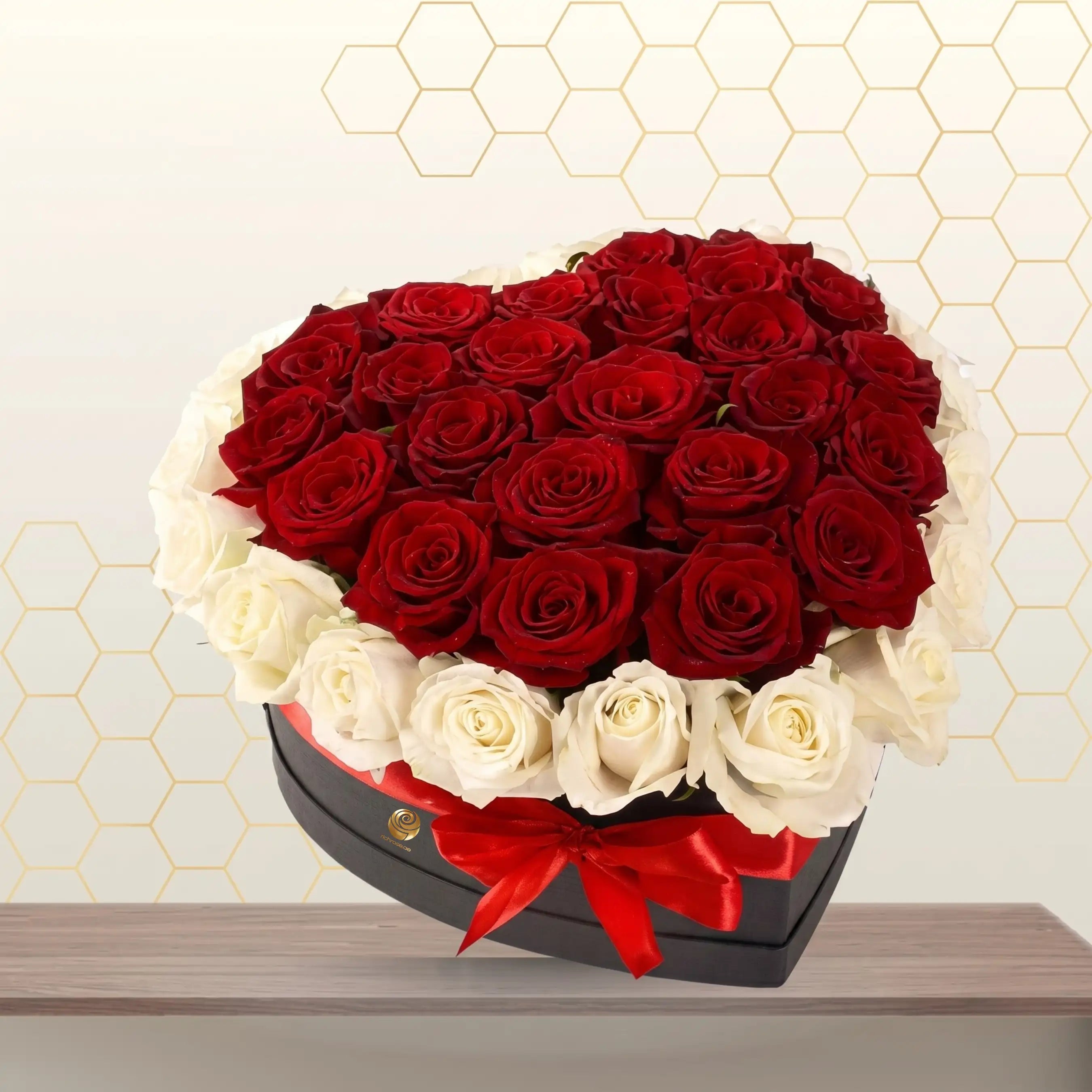 red and white roses in heart box - flower delivery dubai Main image