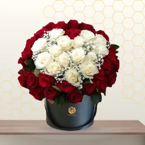 Valentine Girl - Red and White Roses Designed Heart Shape in Round Box Main image