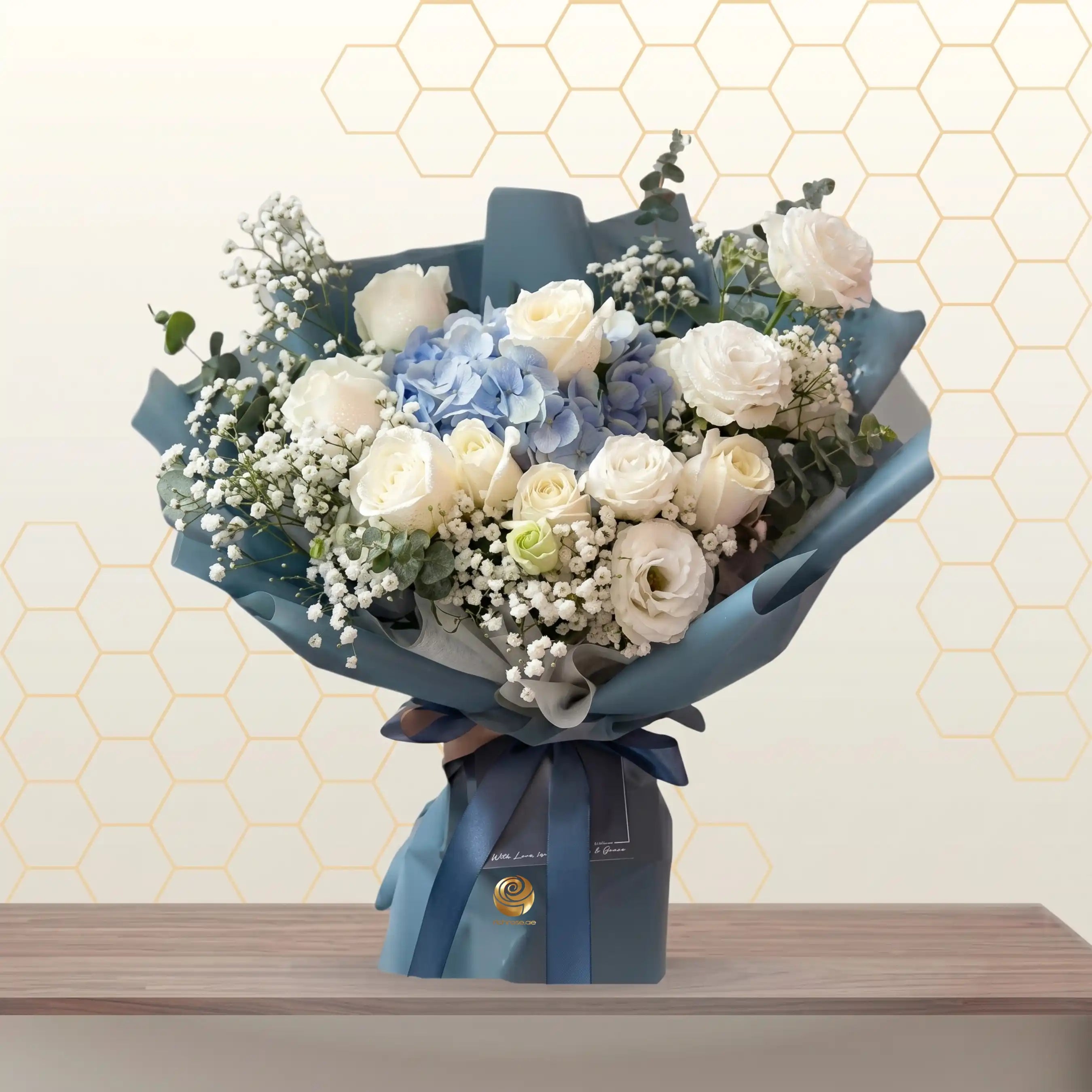 White Blue Flower Blue Wrapped Bouquet Main image