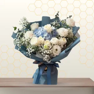White Blue Flower Blue Wrapped Bouquet