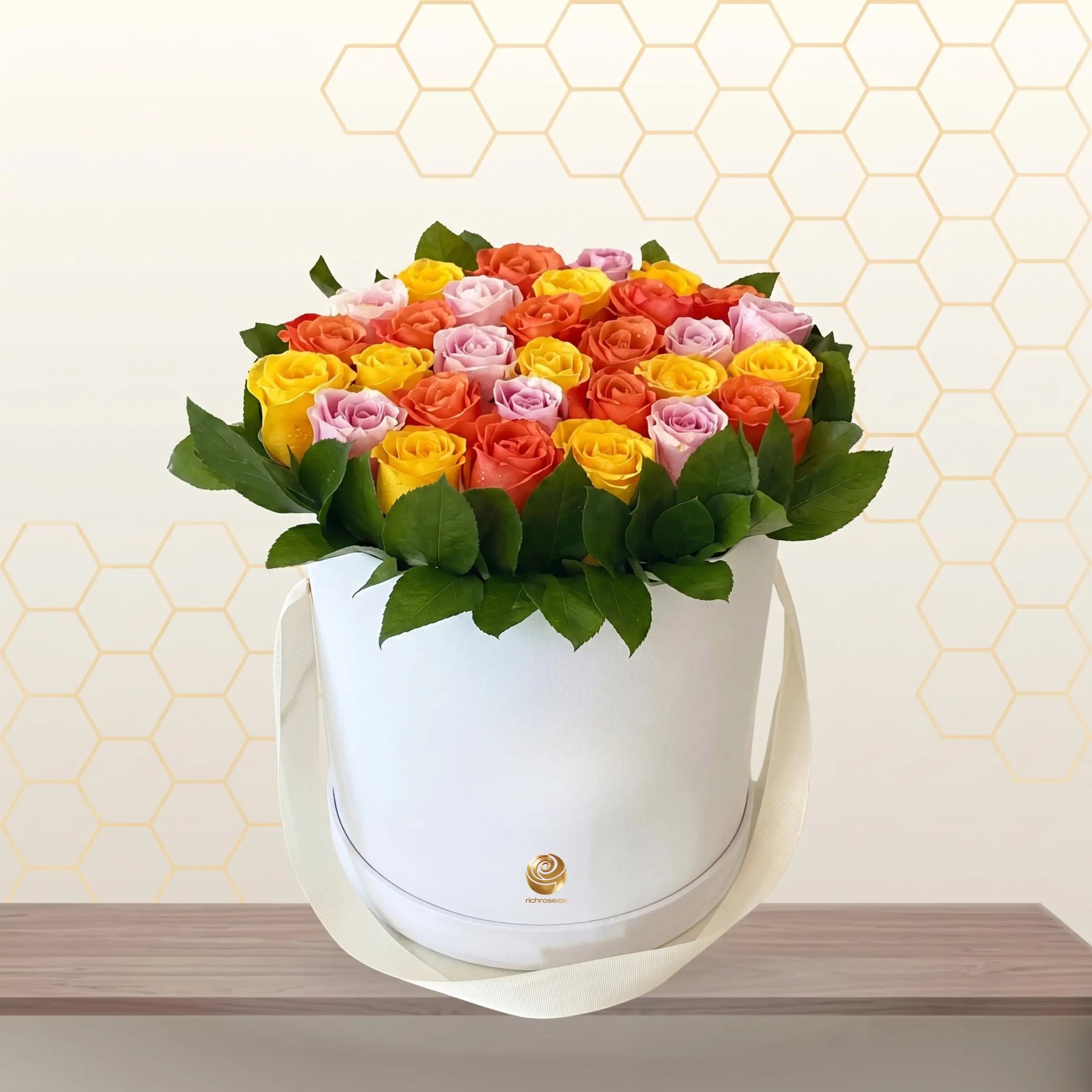 Yellow, Orange, and Pink Roses in White Box Main image