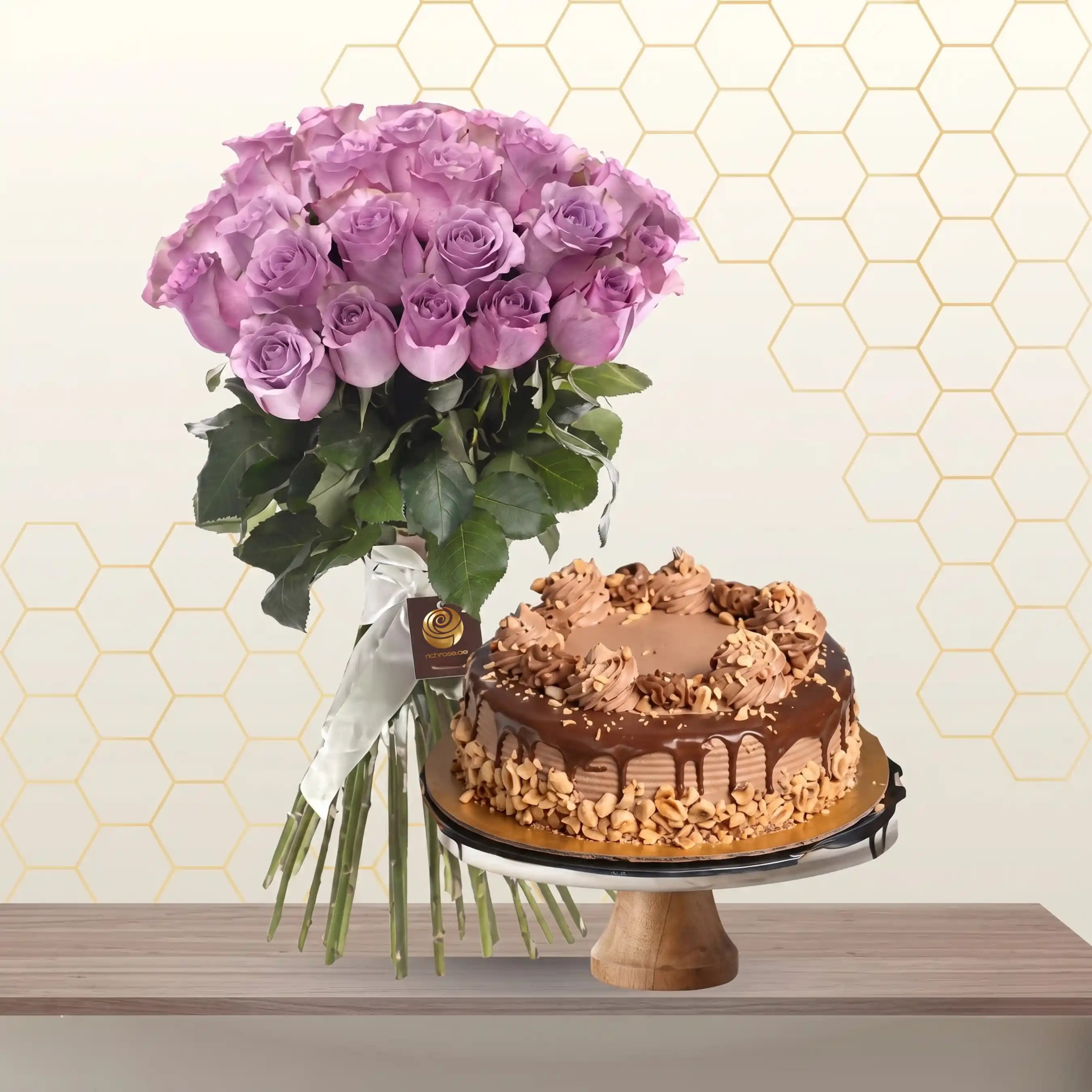 purple roses and cake - flowers and cake