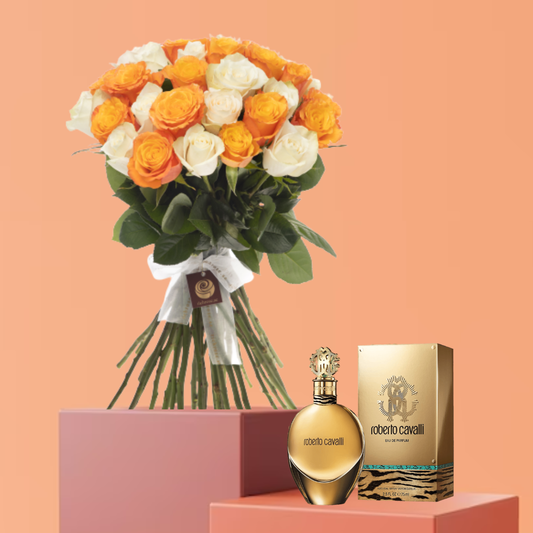 Orange and White Roses Bunch and Roberto Cavalli Perfume