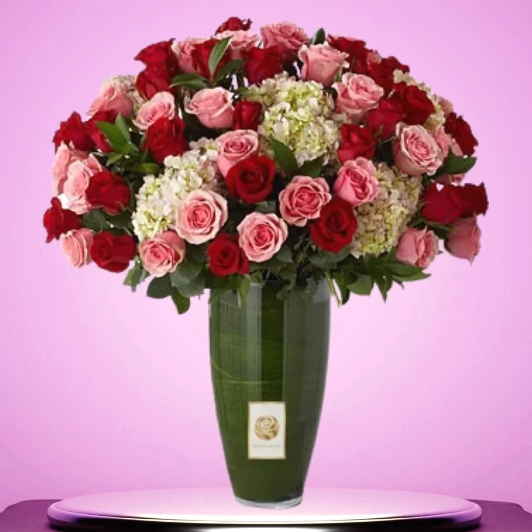 RACHEL - Hydrangea Pink and Red Roses Standing Arrangement