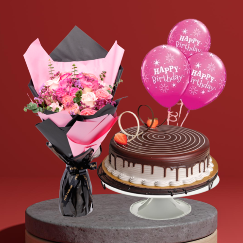 Birthday Darling - Roses Bouquet with Choco Vanilla Cake & balloons