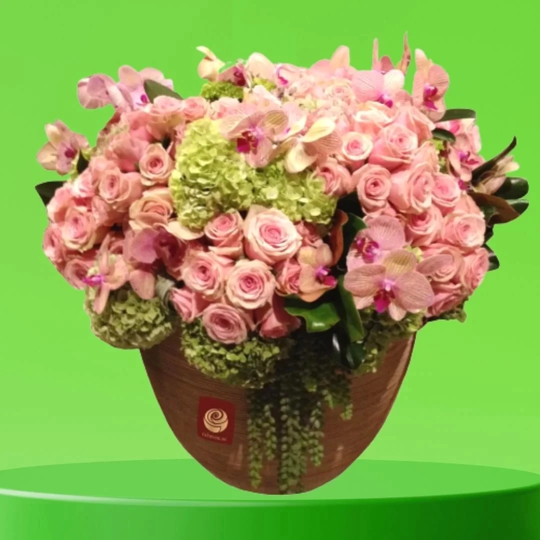JULIA - Pink Roses and Green Hydrangea Arrangement