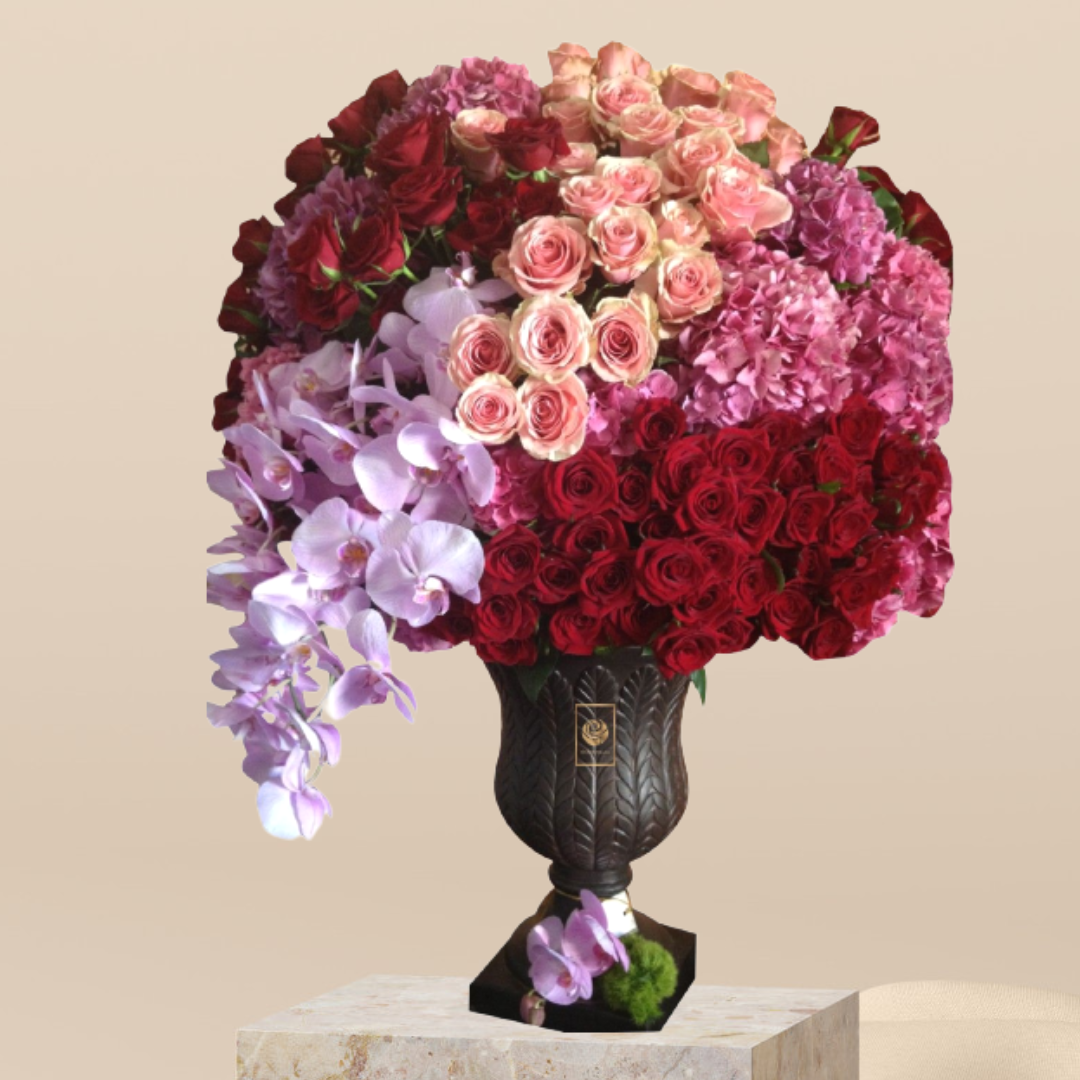 MONICA - Mix of Roses, Phalaenopsis and Hydrangea Standing Arrangement