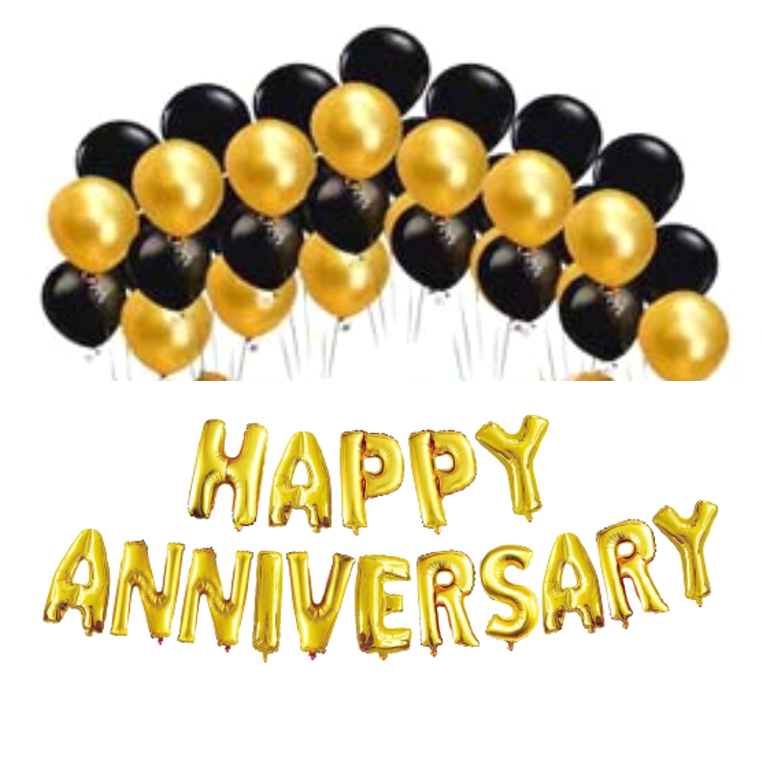 Happy Anniversary Gold and Black Balloon Decoration