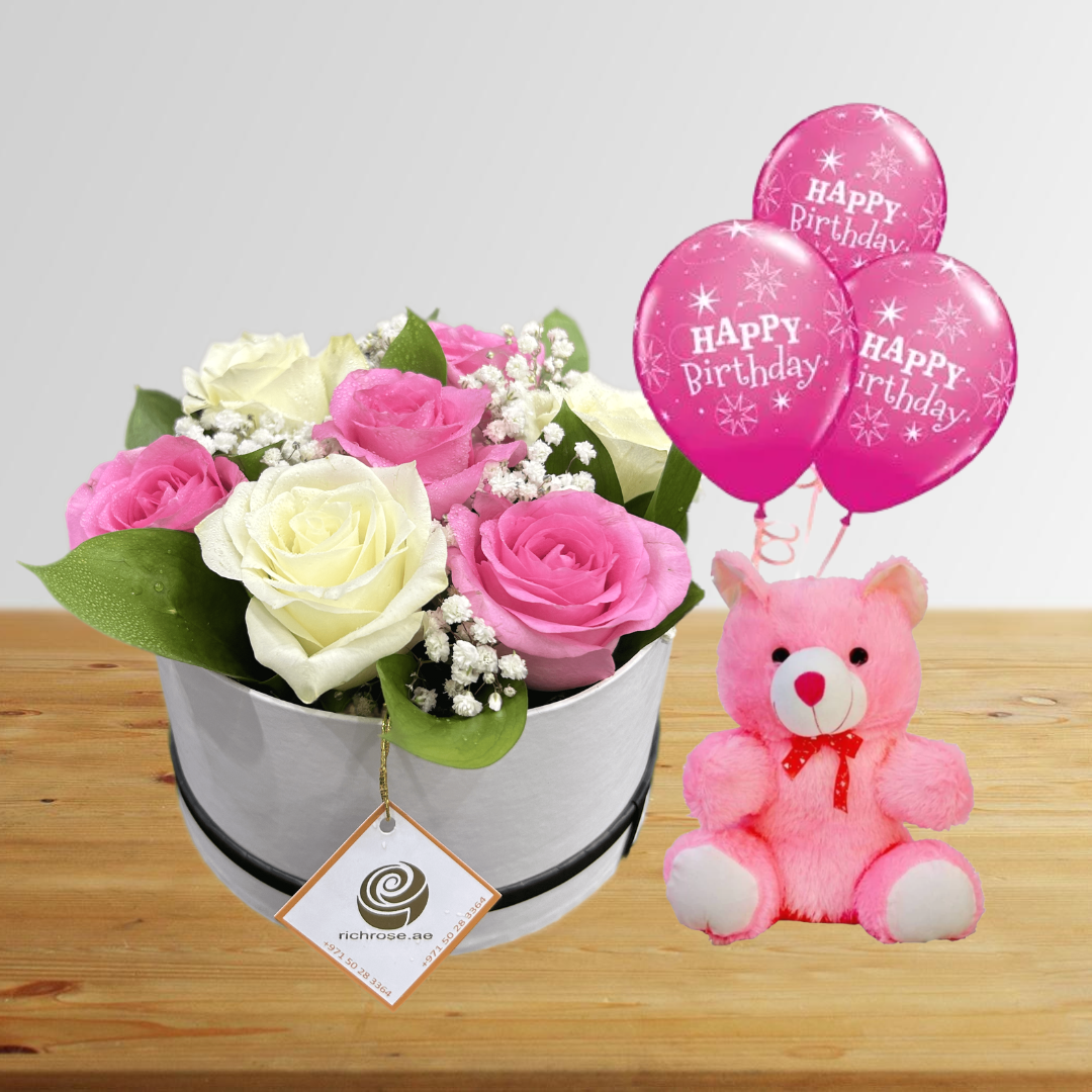 Birthday Beauty- Roses Box with Teddy and Helium Balloons
