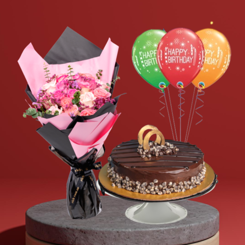 Blissful Birthday - Roses Bouquet with Choco Chip Cake & Balloons
