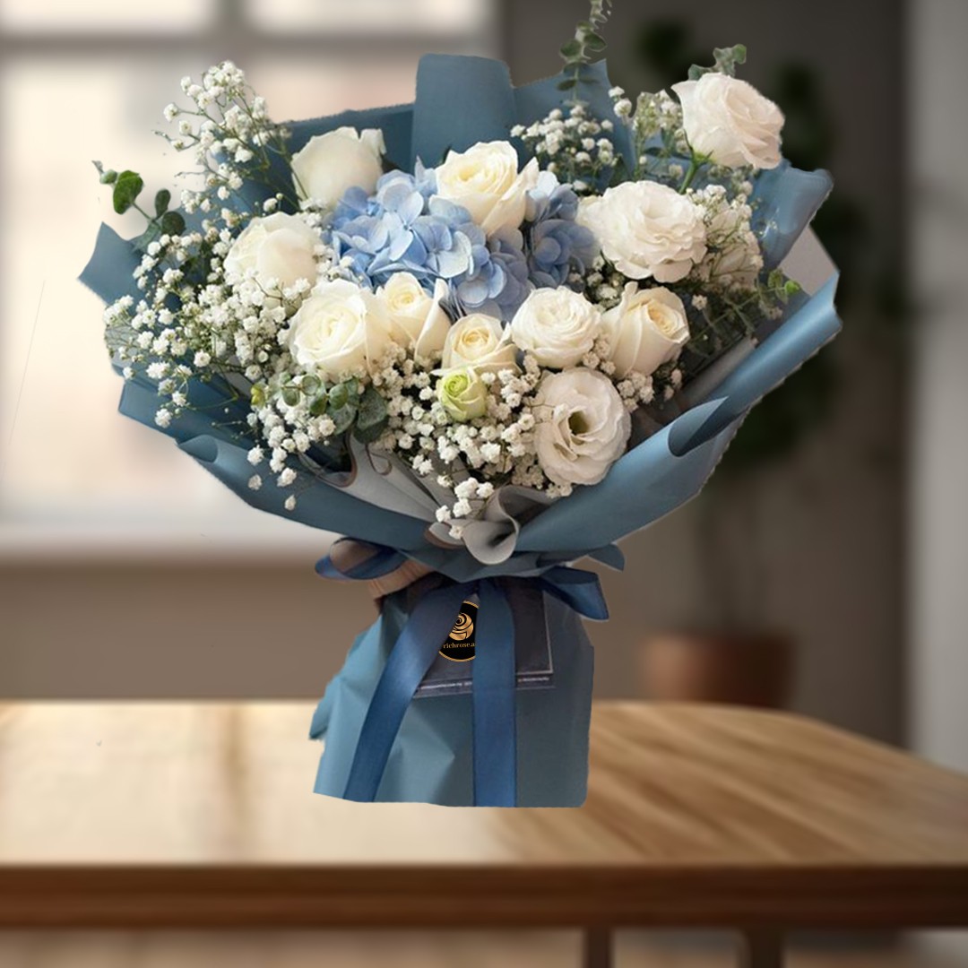 White Blue Flower Blue Wrapped Bouquet