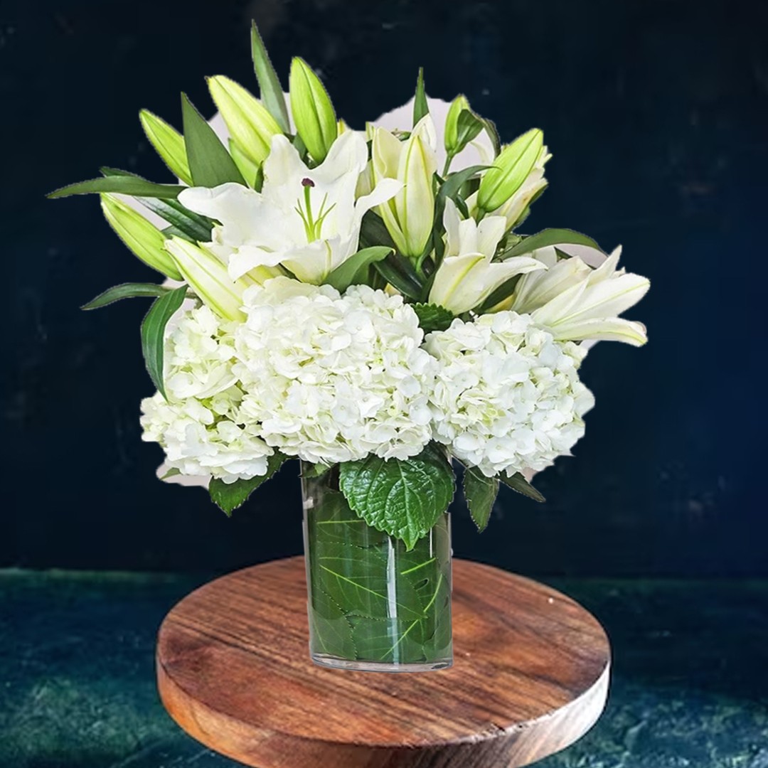 White Lily & Hydrangea in Vase