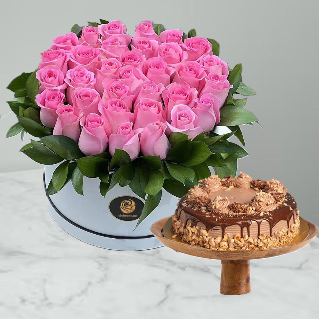 Pink Roses Box and Rocher Ferroro Cake
