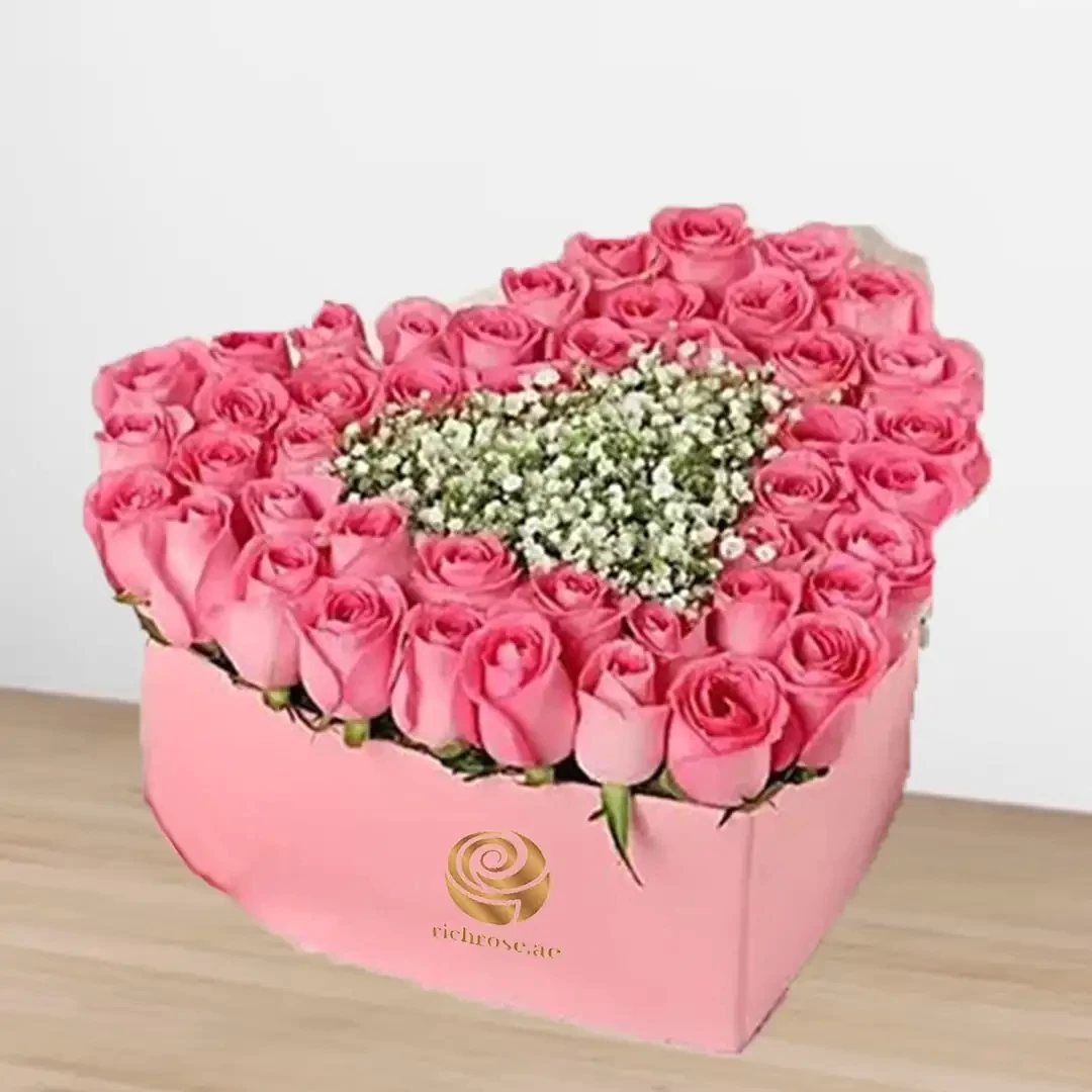 Pink Roses and Gypsophilia in Heart Box