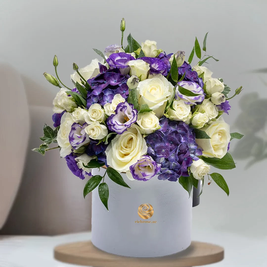 QUITO- White & Purple Mix Flower Box Arrangement
