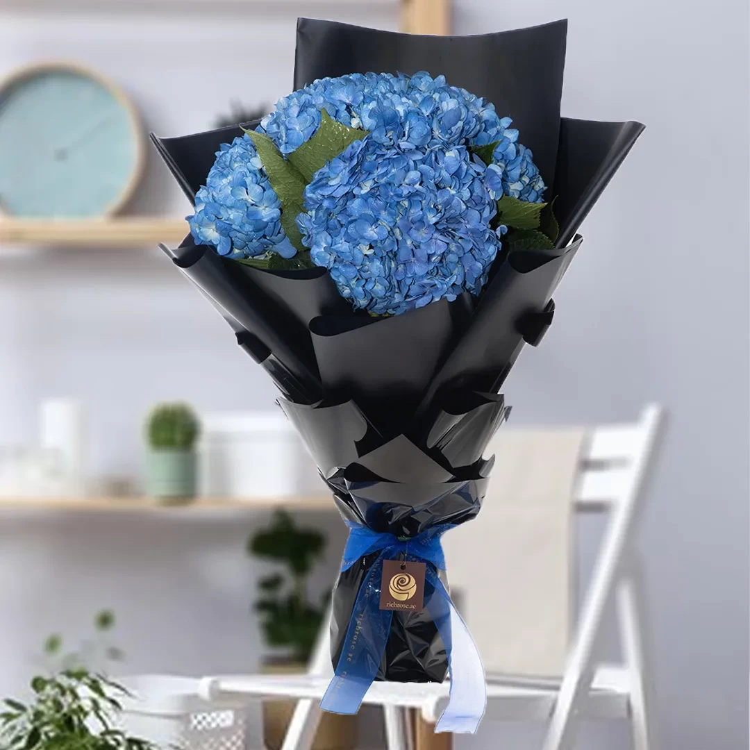 HARARI - Blue Hydrangea Bouquet with Black Wrapping