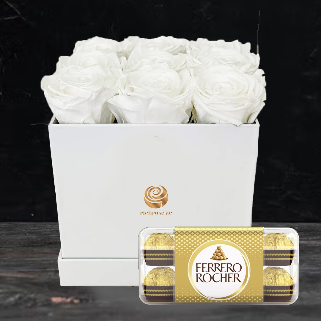 Evergreen Birthday - White roses box & chocolate